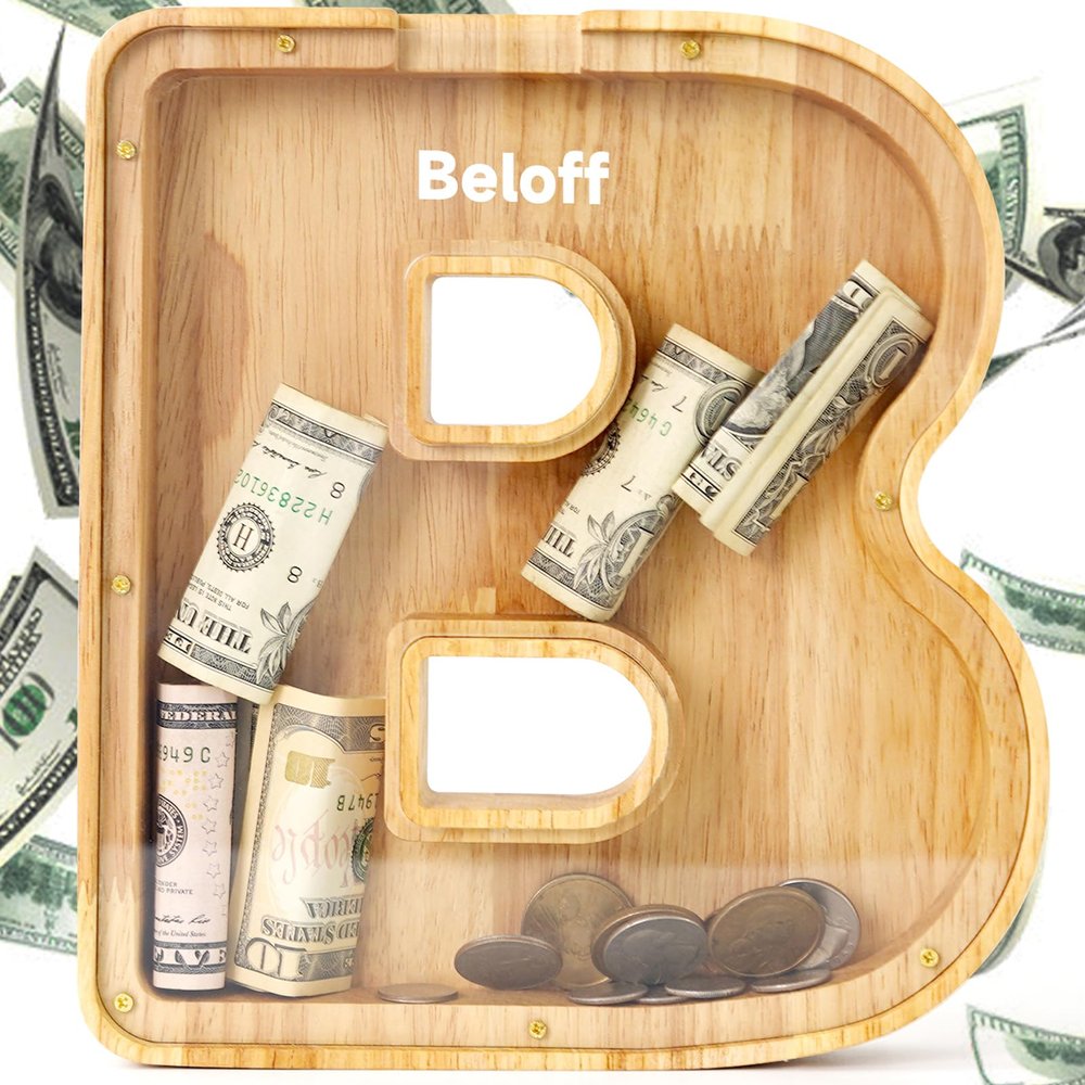 WOOD CITY Letter Piggy Bank for Adults Boys Girls Kids, Wooden 9 inch Large Personalized Bills and Coins Bank Money Box, Customized Name DIY Creative Gift for Real-Money, Alphabet Decorations (B)