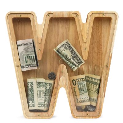 WOOD CITY Letter Piggy Bank for Adults Boys Girls Kids, Wooden 9 inch Large Personalized Bills and Coins Bank Money Box, Customized Name DIY Creative Gift for Real-Money, Alphabet Decorations (W)