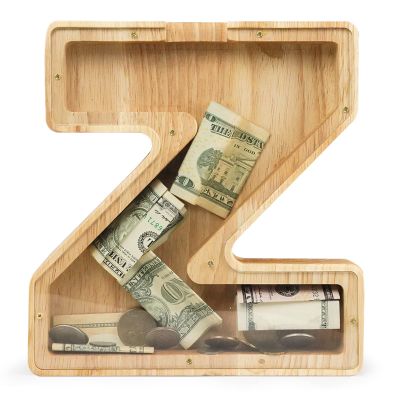 WOOD CITY Letter Piggy Bank for Adults Boys Girls Kids, Wooden 9 inch Large Personalized Bills and Coins Bank Money Box, Customized Name DIY Creative Gift for Real-Money, Alphabet Decorations (Z)