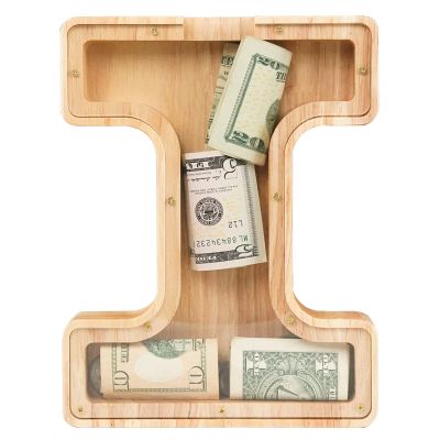 WOOD CITY Letter Piggy Bank for Adults Boys Girls Kids, Wooden 9 inch Large Personalized Bills and Coins Bank Money Box, Customized Name DIY Creative Gift for Real-Money, Alphabet Decorations (I)