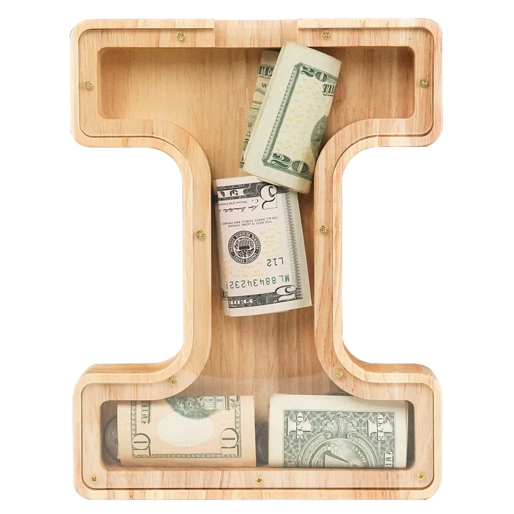 WOOD CITY Letter Piggy Bank for Adults Boys Girls Kids, Wooden 9 inch Large Personalized Bills and Coins Bank Money Box, Customized Name DIY Creative Gift for Real-Money, Alphabet Decorations (I)