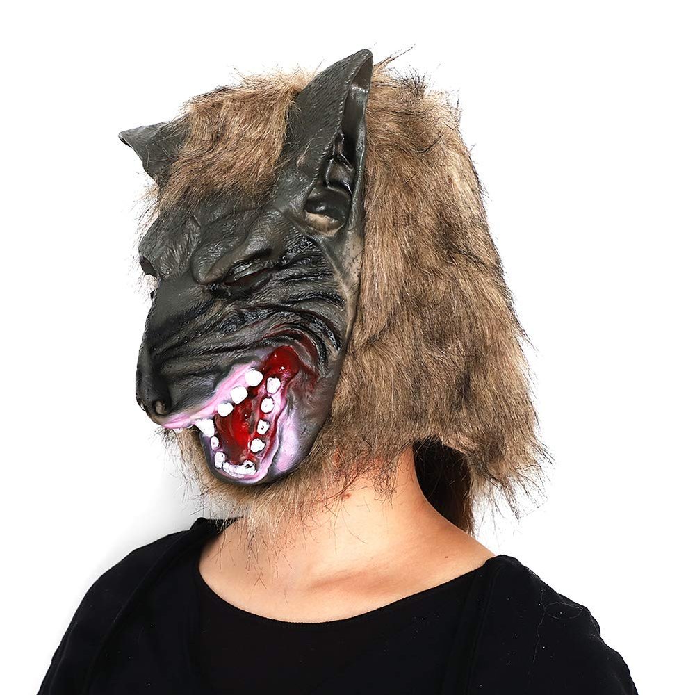 HAOZAIKEJI Halloween Scary Head Mask, Horror Animal Full Head Mask Death Witch Zombie Cosplay Costume Creepy Party Decoration Supplies (brown wolf)