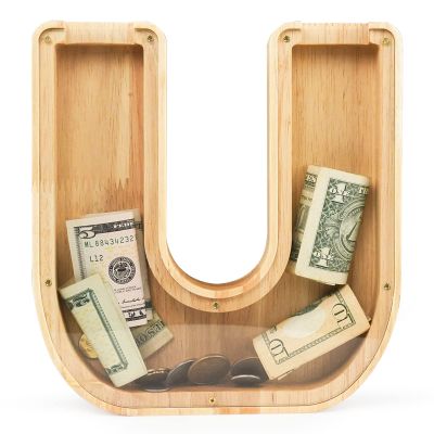 WOOD CITY Letter Piggy Bank for Adults Boys Girls Kids, Wooden 9 inch Large Personalized Bills and Coins Bank Money Box, Customized Name DIY Creative Gift for Real-Money, Alphabet Decorations (U)