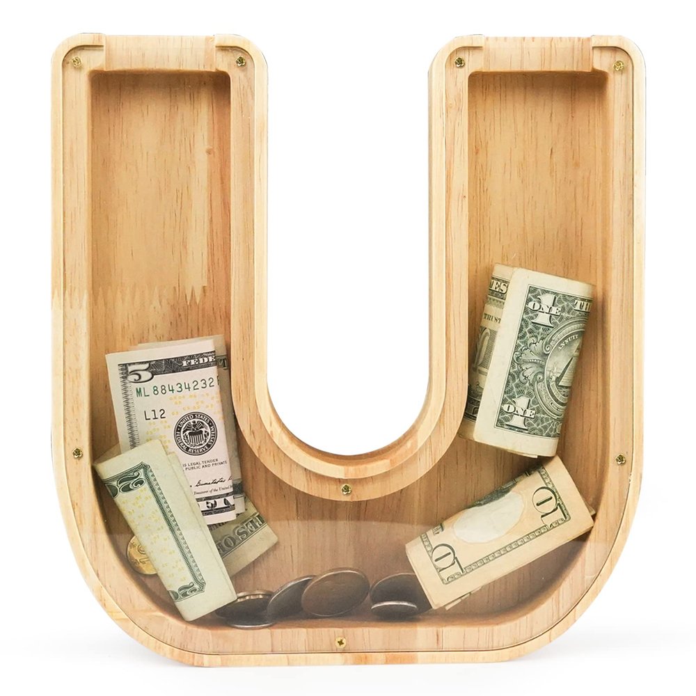 WOOD CITY Letter Piggy Bank for Adults Boys Girls Kids, Wooden 9 inch Large Personalized Bills and Coins Bank Money Box, Customized Name DIY Creative Gift for Real-Money, Alphabet Decorations (U)