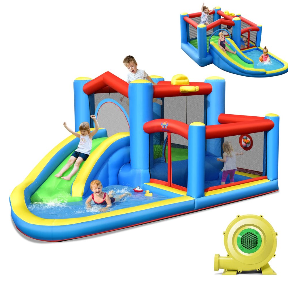 HONEY JOY Inflatable Water Slide, 6-in-1 Toddler Giant Blow Up Bouncy Water Park w/Target Ball&Climb, Outdoor Water Bounce House Water Slides Inflatables for Kids and Adults Backyard(With 480w Blower)