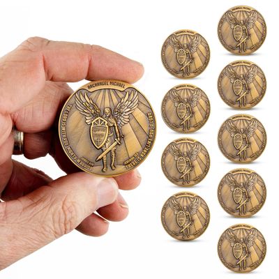10Pc Archangel Saint Michael Challenge Coin, Quis Ut Deus - 1.75" Antique Gold-Color Plated St Michael Prayer Token - Commemorative Religious Coins - Christian Coin Gifts for Collectors, Bible Study