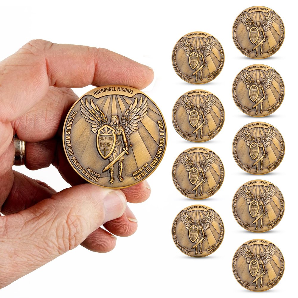 10Pc Archangel Saint Michael Challenge Coin, Quis Ut Deus - 1.75" Antique Gold-Color Plated St Michael Prayer Token - Commemorative Religious Coins - Christian Coin Gifts for Collectors, Bible Study