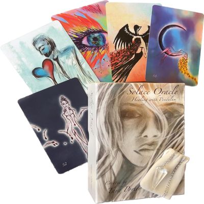 Solace Oracle (77 Card Set with Clear Quartz Pendulum & Guidebook) Unique Tarot Deck, Pendulum Lets Your Angels and Spirit Guides Pick Your Cards