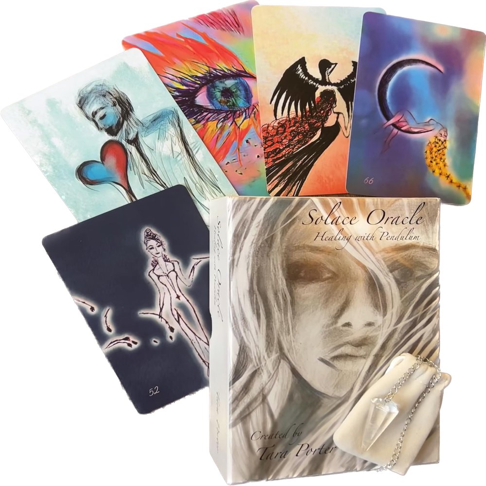 Solace Oracle (77 Card Set with Clear Quartz Pendulum & Guidebook) Unique Tarot Deck, Pendulum Lets Your Angels and Spirit Guides Pick Your Cards