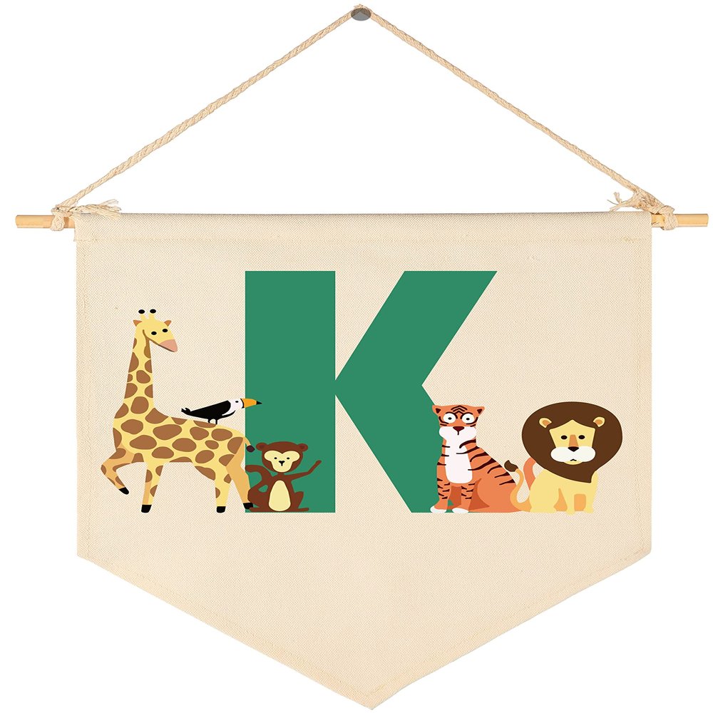 Personalised Woodland Animal Flag Decor Gifts for Baby Boy Girl Newborn Kids-Jungle Safari Pennant Banner Wall Sign Gifts for Nursery Baby Room Bedroom Playroom Front Door-Monogrammed Initial Letter K
