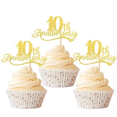 Rsstarxi 24 Pack Gold Cheers to 10 Years Cupcake Toppers for Happy 10th Anniversary Birthday Party Decorations