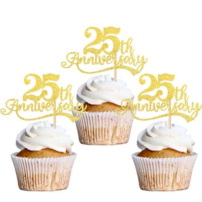 Rsstarxi 24 Pack Cupcake Toppers Glitter Cheers to 25 Years Wedding Twenty Five Anniversary Cupcake Picks for Happy 25th Anniversary Birthday Retirement Party Cake Decorations Supplies Gold
