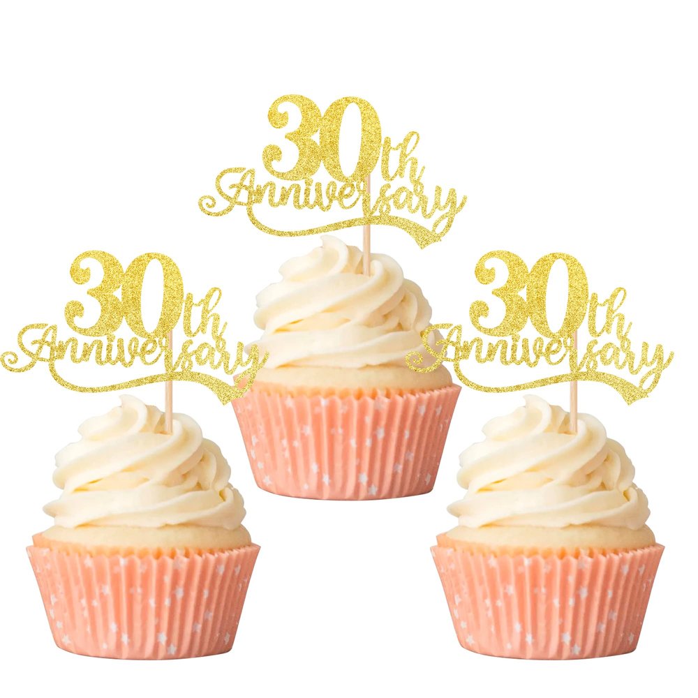 Rsstarxi 24 Pack Cupcake Toppers Glitter Cheers to 30 Years Wedding 30th Anniversary Cupcake Picks for Happy 30th Birthday Retirement Party Cake Decorations Supplies Gold