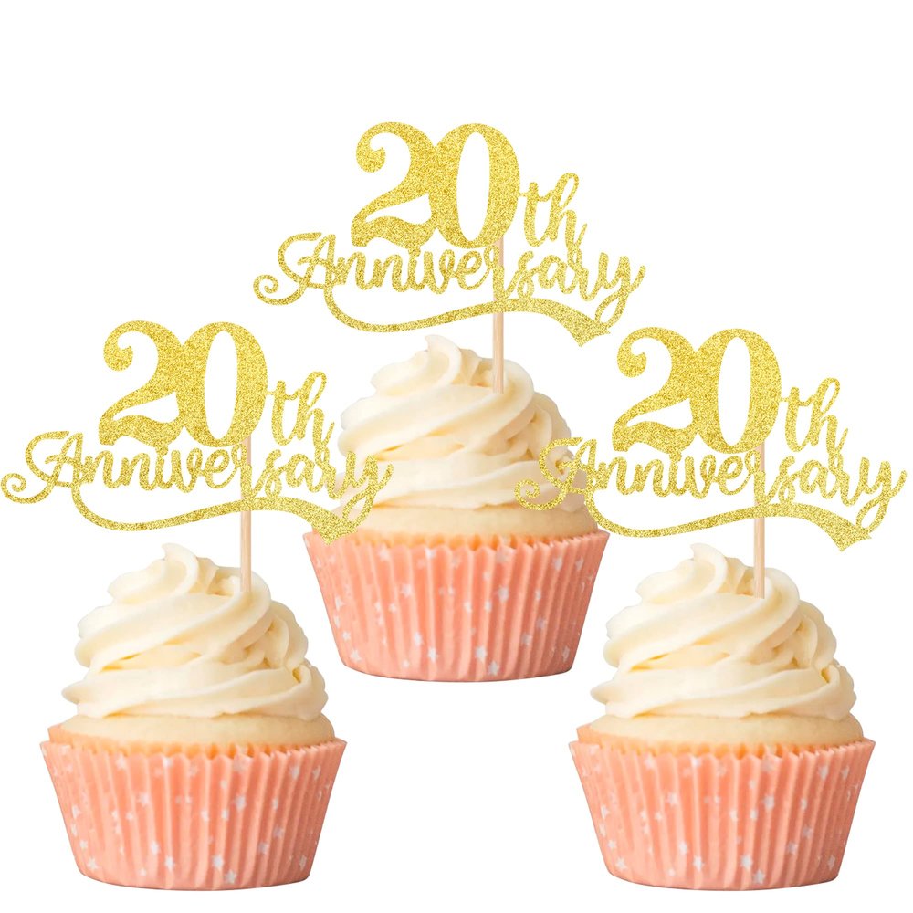 Rsstarxi 24 Pack Cupcake Toppers Glitter Cheers to 20 Years Wedding Twenty Anniversary Cupcake Picks for Happy 20th Anniversary Birthday Retirement Party Cake Decorations Supplies