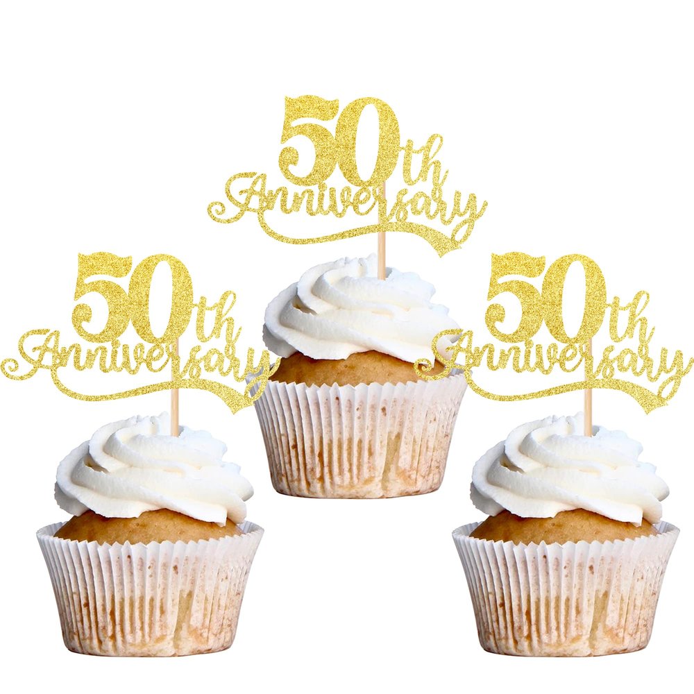 Rsstarxi 24 Pack 50th Anniversary Cupcake Toppers Glitter Cheers to 50 Years Wedding Cupcake Picks for Happy 50th Anniversary Birthday Retirement Party Cake Decorations Supplies Gold