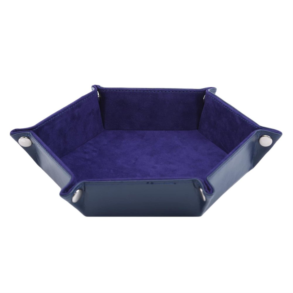 DAMAJI Dice Tray for Table Games Metal Dice Rolling Tray Holder Dice Storage Box Double Sided Folding PU Leather,Blue