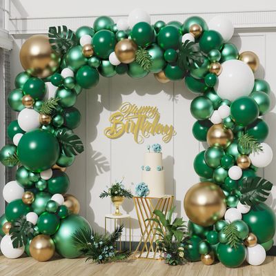 128Pcs Jungle Sarfari Balloon Garland Arch Kit, Double Stuffed Emerald Green Matellic Gold White Balloons with Artificial Palm Leaves for Wild One Animal Party Decorations Kids Birthday Baby Shower