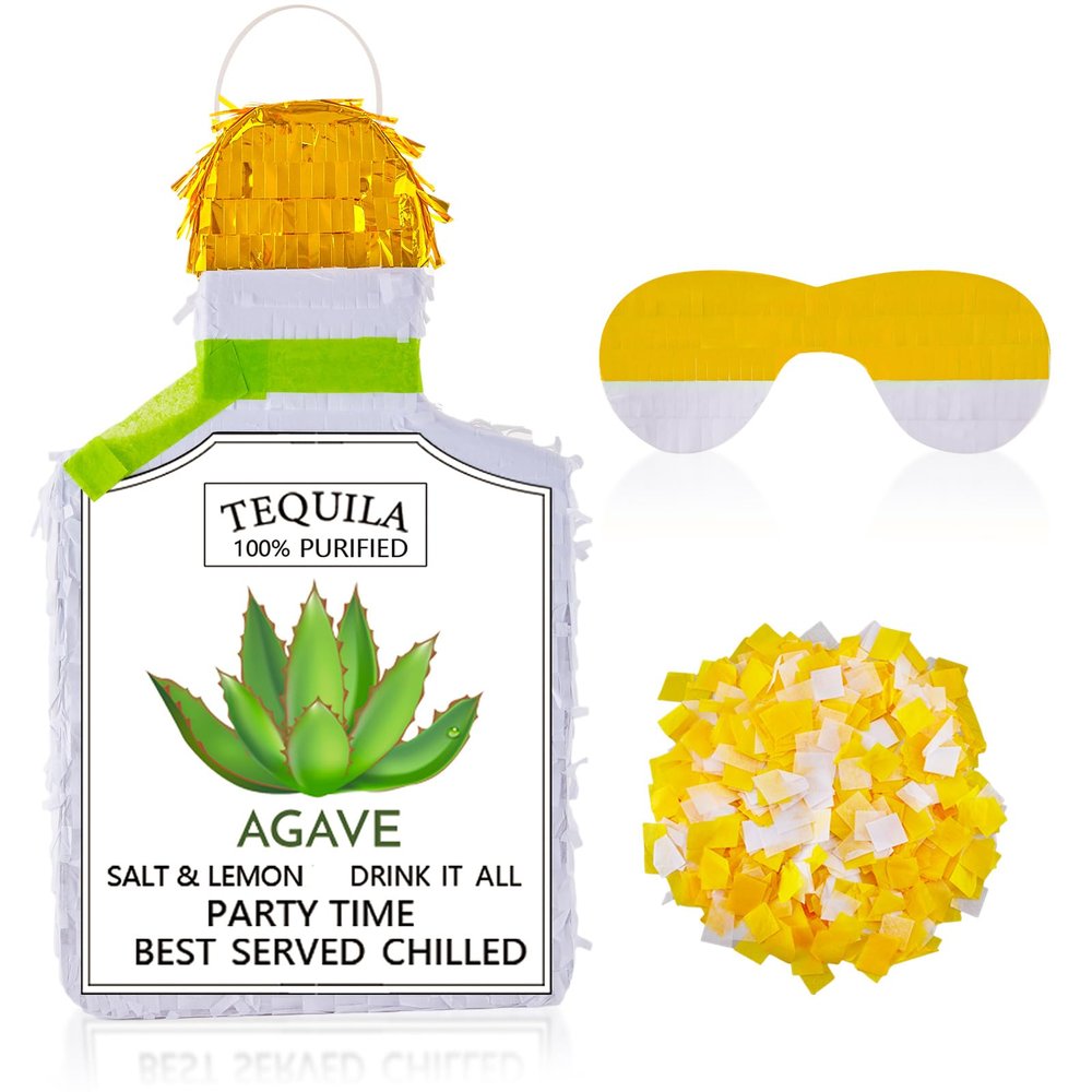 Lewtemi White Tequila Bottle Piata with Stick Blindfold and Confetti 15.7 x 10.5 Large Pinata for Adult Party Centerpiece Decorations, Photo Prop, Bachelor, 21st Birthday, Funny Anniversary Favors