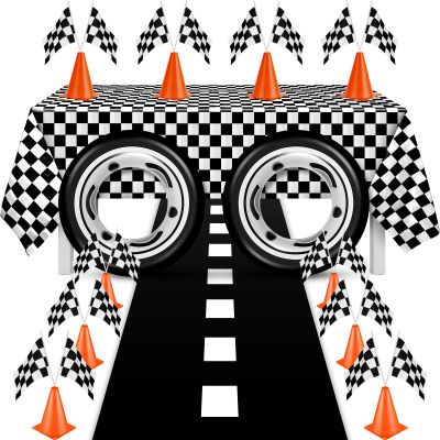 Remagr 24 Pcs Race Car Theme Birthday Party Supplies, 8 Pcs Traffic Cones, 12 Black and White Checkered Flags, 2 27.5" Inflatable Tire Tubes, Black Floor Runner, Checkered Tablecloth(Classic Style)