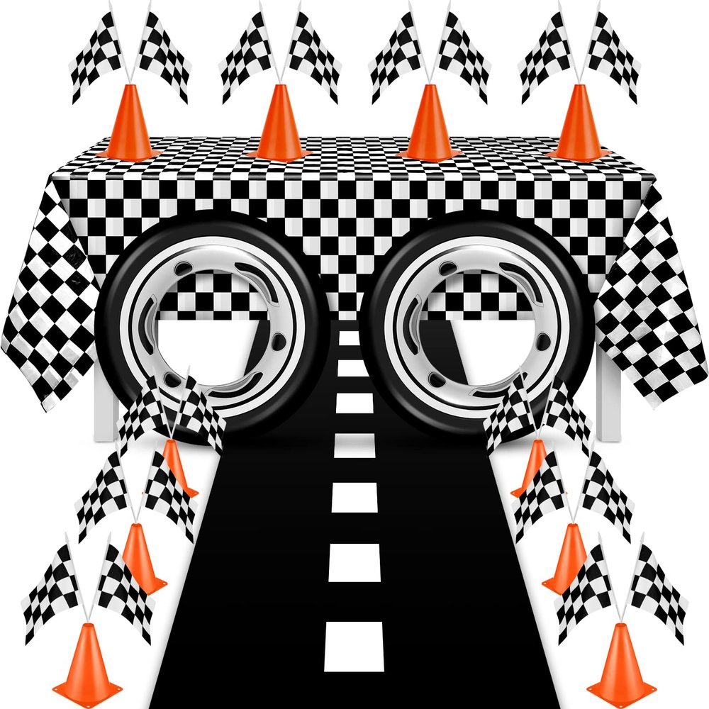 Remagr 24 Pcs Race Car Theme Birthday Party Supplies, 8 Pcs Traffic Cones, 12 Black and White Checkered Flags, 2 27.5" Inflatable Tire Tubes, Black Floor Runner, Checkered Tablecloth(Classic Style)