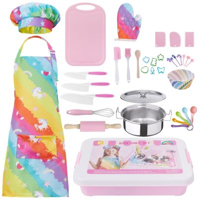 42 Piece Kids Real Cooking Set, Kids Knife Set, Baking Kit, Cookware, Play Pots and Pans, Mini Stainless Steel Pretend Play Cooking Toys, Apron and Chef Hat for Girls, Sensory Toys