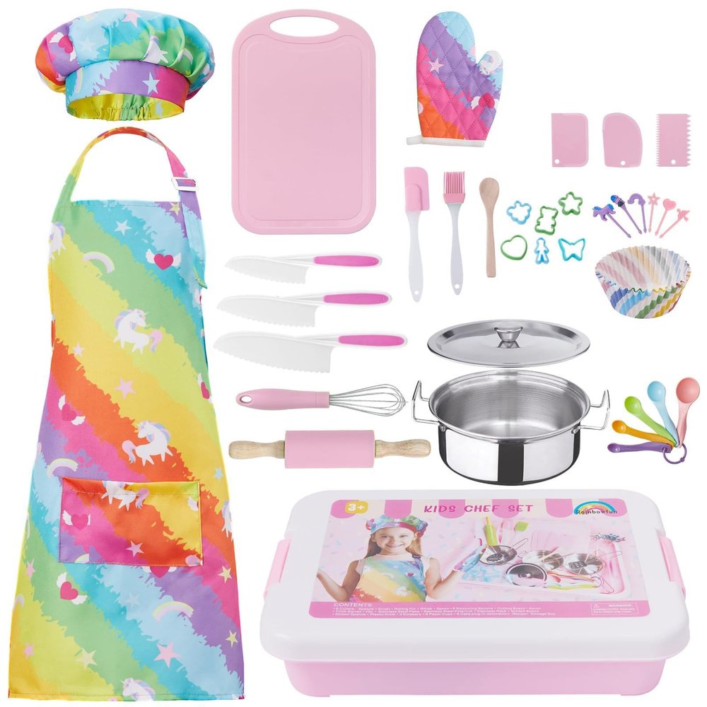 42 Piece Kids Real Cooking Set, Kids Knife Set, Baking Kit, Cookware, Play Pots and Pans, Mini Stainless Steel Pretend Play Cooking Toys, Apron and Chef Hat for Girls, Sensory Toys