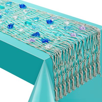 Tudomro Mermaid Fishing Net Decor 2 Pack Table Runner Wall 2 Pack Ocean Toy Gem Hanging Fishnet for Party Decor 38 x 67 Inch Beach Ocean Themed Netting Toys for Nautical Party Accessory(2 Set)