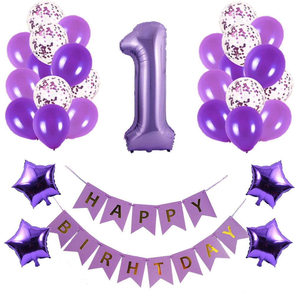 1th Birthday Party Decorations Kit Happy Birthday Banner with Number 1 Birthday Balloons for Birthday Party Supplies 1th Purple Birthday Party Pack Party Favors
