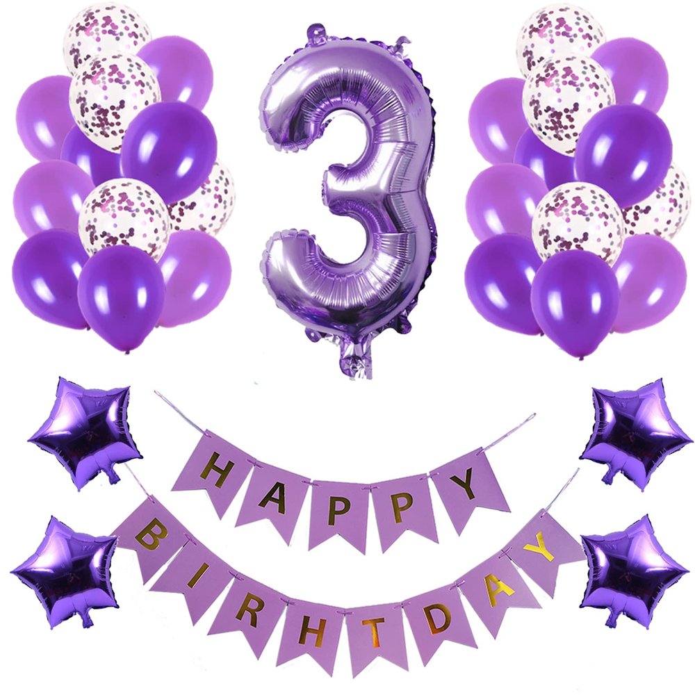 3th Birthday Party Decorations Kit Happy Birthday Banner with Number 3 Birthday Balloons for Birthday Party Supplies 3th Purple Birthday Party Pack Party Favors