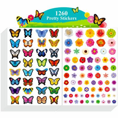1260 PCS Butterfly & Flower Stickers, 24 Sheets Colorful Springtime Blossom Insect and Plant Spring Themed Party Supplies Decorations for Kids Teachers Classroom (Non White Edge)