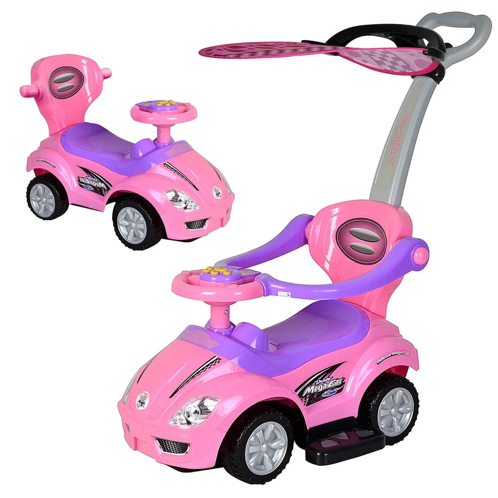 ChromeWheels Push Cars for Toddlers, 3 in 1 Ride on Push Car with Removable Canopy, Ride on Toys Mega Car w/Handle & Horn & Music, Pink