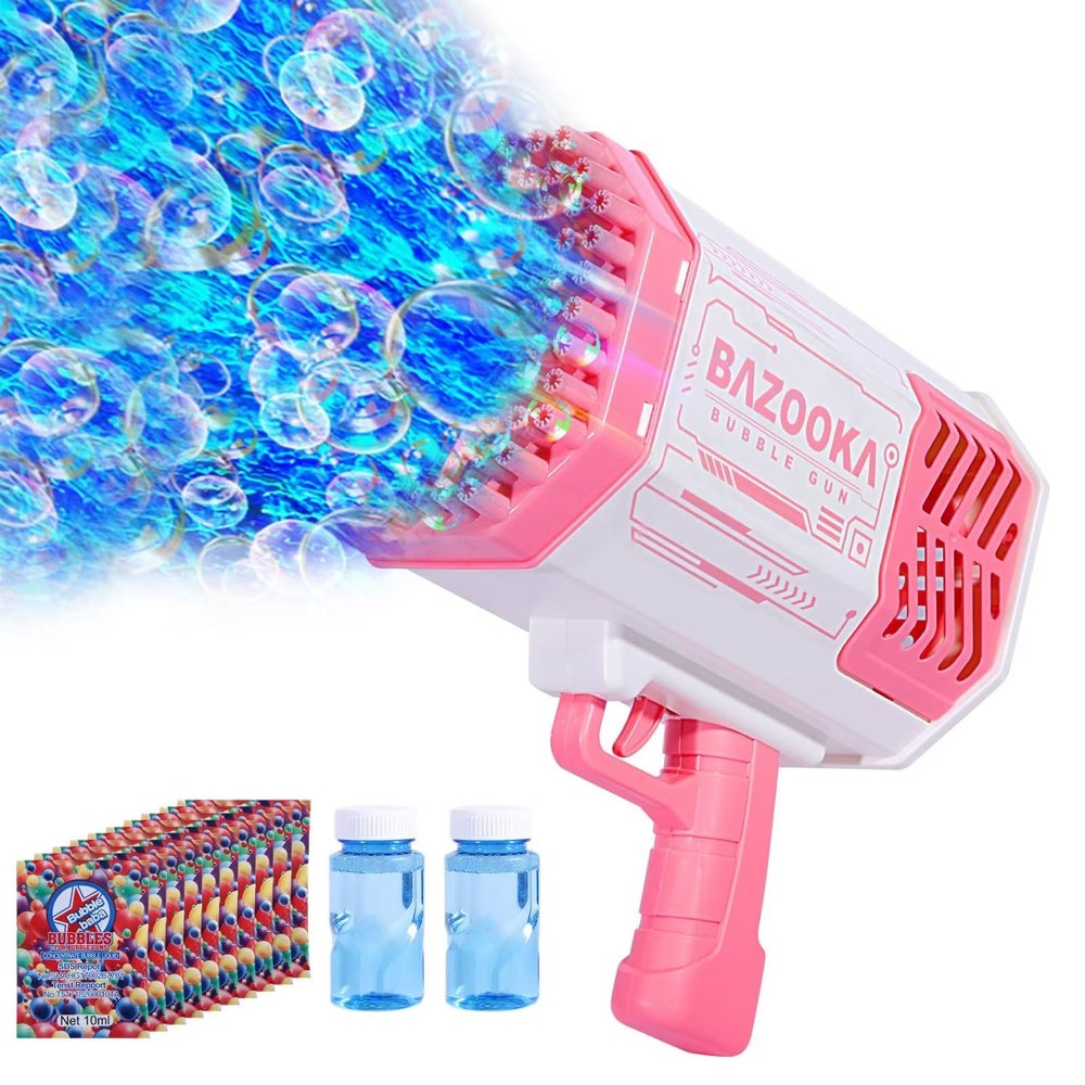 Bubble Machine Gun, 69 Holes Bubble Gun with Lights, Pink Outdoor Summer Beach Kids Bubbles Toys Birthday Wedding Party Halloween Fun for Girls Boys