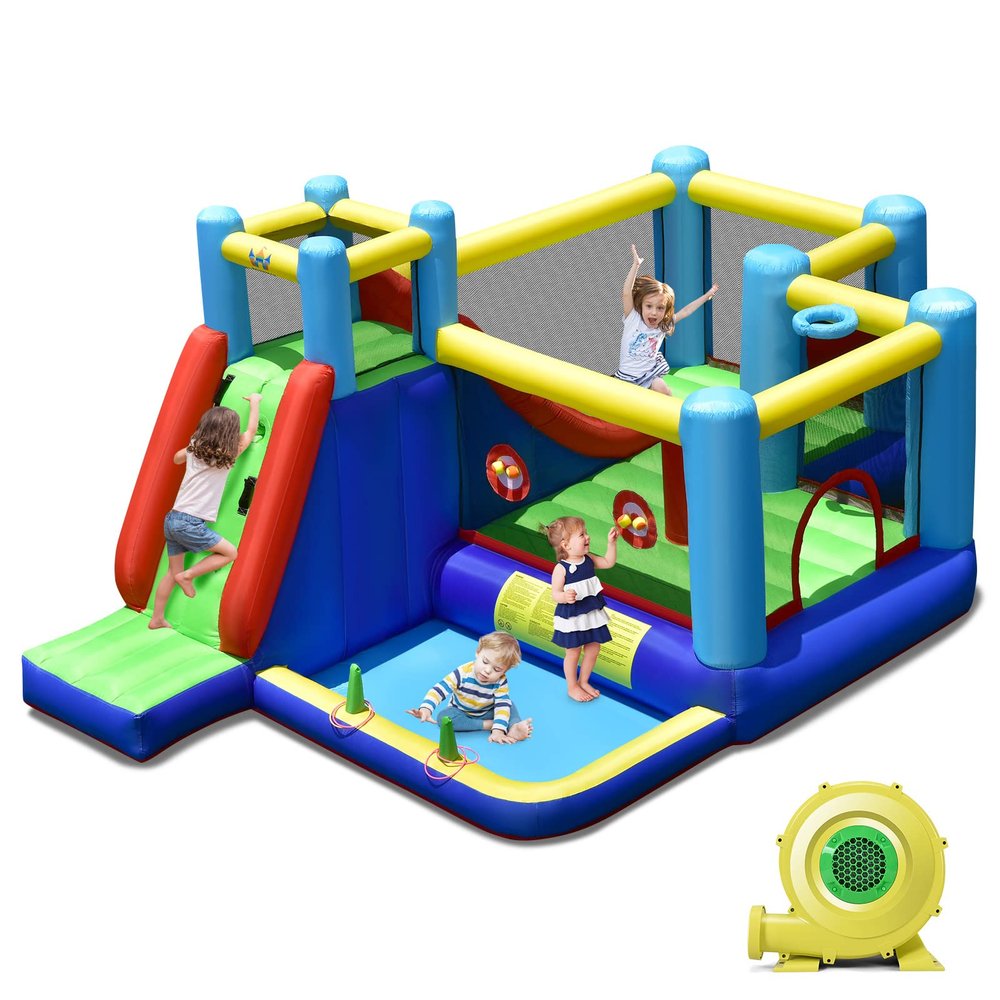 BOUNTECH 8-in-1 Kids Giant Bounce House, Indoor Outdoor Inflatable Jumping Bouncy Castle with 735W Blower, Jumping Area, Climbing, Obstacle, Ring-toss Game, Bouncer House for Kids Gift Parties