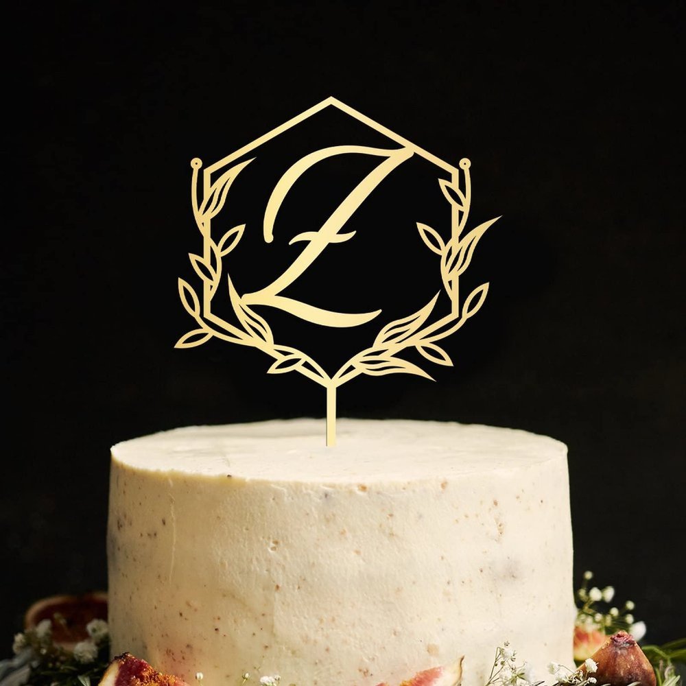 Vinisong Initials Cake Topper Personalised Letter Cake Toppers Mirror Gold Acrylic Cake Topper Wreath Z Monogram Cake Decoration Birthday Wedding Anniversary Party Decor(Design 03,Z)