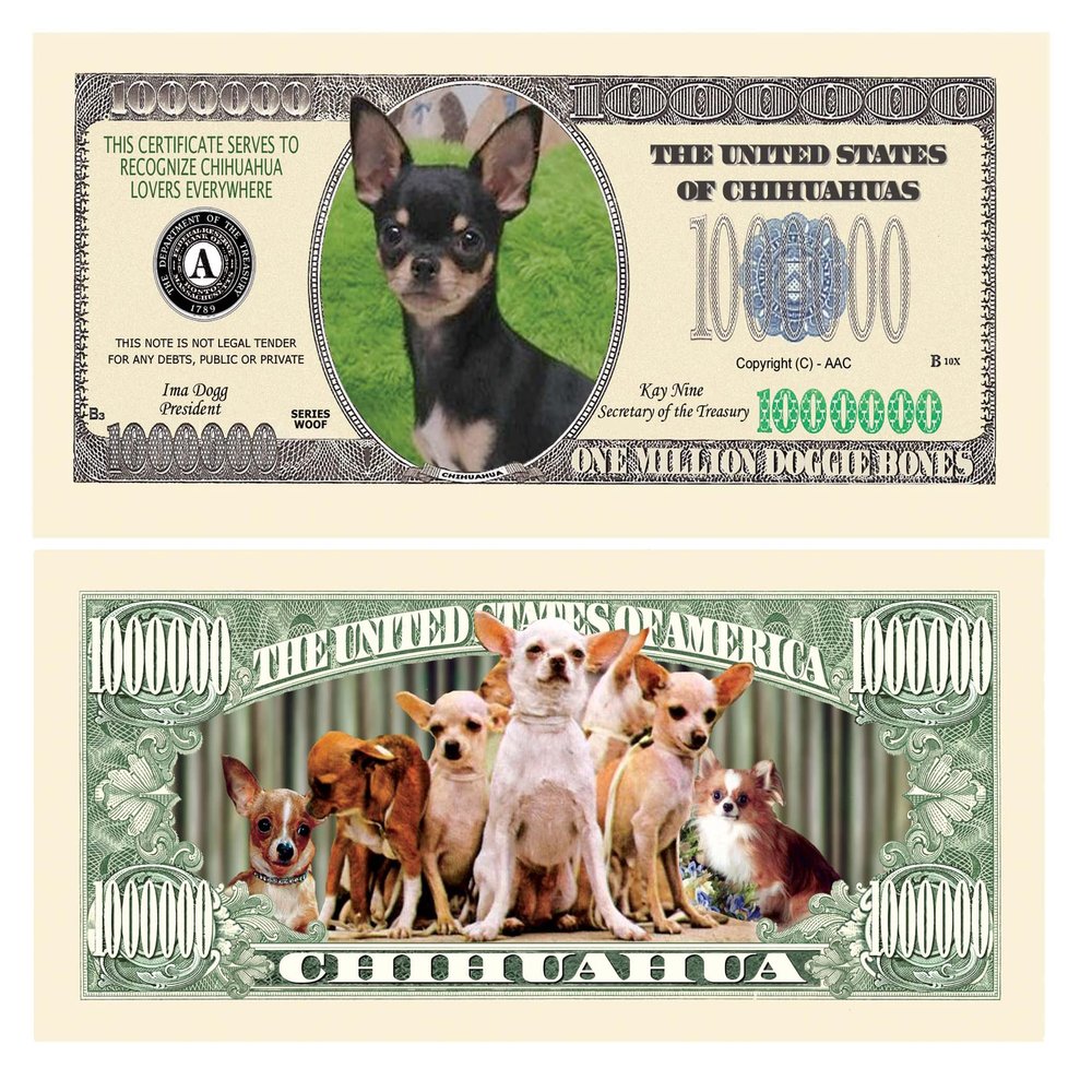 American Art Classics Pack of 50 - Chihuahua Million Dollar Novelty Bill Collectible - Collectible Novelty Million Dollar Bill - Best Gift for Chihuahua Lovers