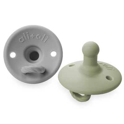 Ali+Oli Pacifier for Baby (2-pk) Set Original Round (Grey-Sage) Concaved Shield Newborn Pacifiers, BPA-Free Silicone Baby Pacifier Set, Baby Binkies, Chupones para Bebes