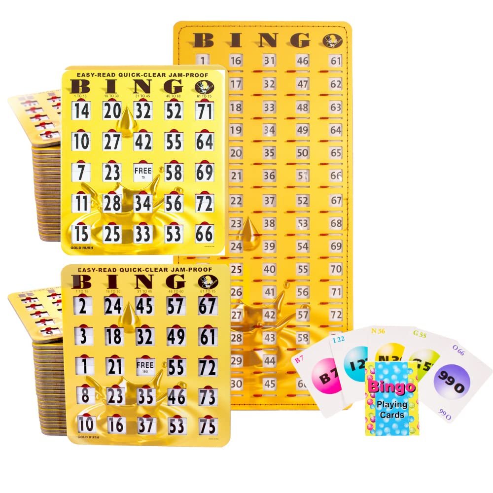 MR CHIPS Jam-Proof Bingo Cards with Sliding Windows 50 Reusable, 75 Calling Cards 1 Master Board Plus 10 Extra Cards