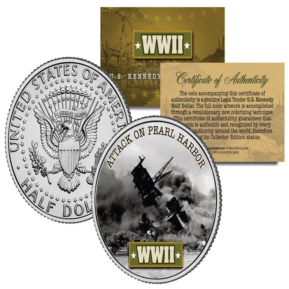 WWII Pearl Harbor JFK Kennedy Half Dollar U.S. Coin with Fact Trading Card