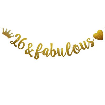 26 & Fabulous Banner, Pre-Strung, Funny Gold Paper Glitter Party Decorations for 26th Birthday Party Supplies, Letters Gold,ABCpartyland