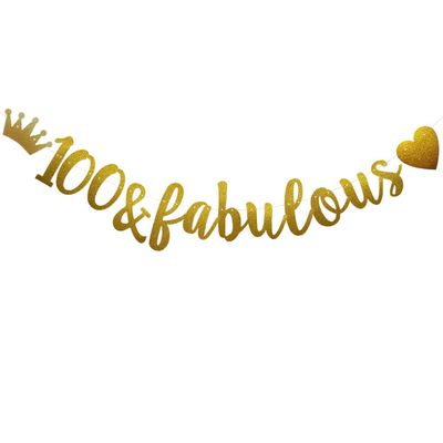 100 & Fabulous Banner, Pre-Strung, Funny Gold Paper Glitter Party Decorations for 100th Birthday Party Supplies, Letters Gold,ABCpartyland