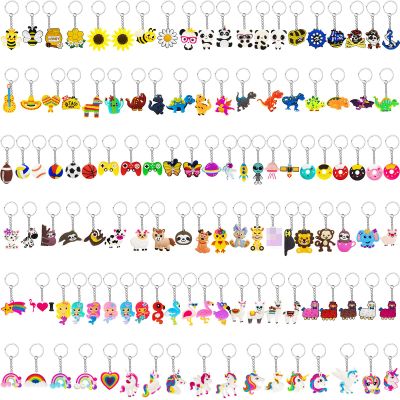 Highergo 120 Pcs Cartoon Keychains Bulk for Kids Cute Backpack Keyring Dinosaur Unicorn Astronaut Animal Rainbow Keychains for School Classroom Prizes Birthday Christmas Party Favors Gift