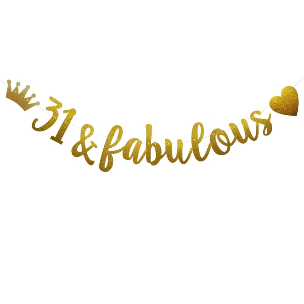 31 & Fabulous Banner, Pre-Strung, Funny Gold Paper Glitter Party Decorations for 31st Birthday Party Supplies, Letters Gold,ABCpartyland