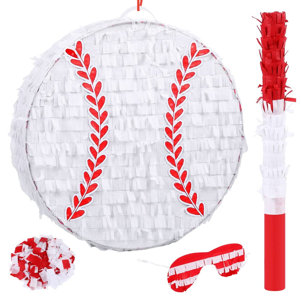Deekin Small Piata Baseball Piata with Stick Blindfold Confetti for Sports Theme Party Decoration Supplies