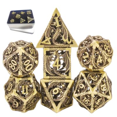 Metal DND Dice Set Dungeons and Dragon Dice Set Hollow Dragon Polyhedral Magic 7 PCS Dice Set with Gift Metal Box for Dungeons and Dragons Table Games Play Cards MTG(Dragon_Ancient Bronze)
