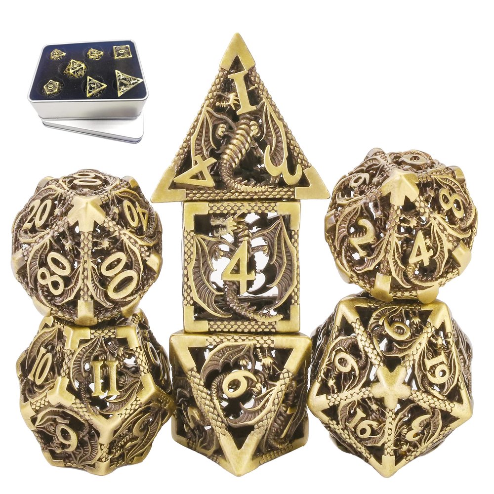 Metal DND Dice Set Dungeons and Dragon Dice Set Hollow Dragon Polyhedral Magic 7 PCS Dice Set with Gift Metal Box for Dungeons and Dragons Table Games Play Cards MTG(Dragon_Ancient Bronze)