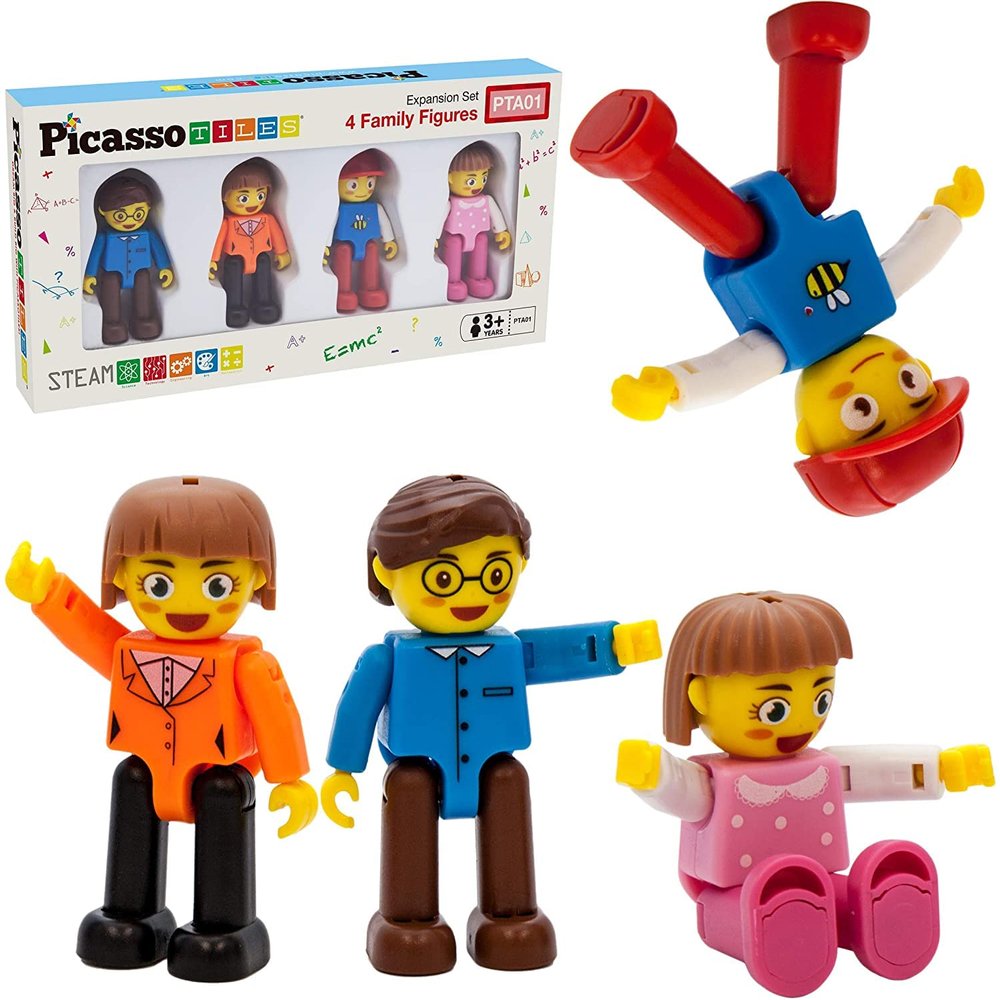 PicassoTiles Building Brick + Action Figures + Magnetic Brick Tiles, 2250 pcs 6 Shape, 11 Color Vibrant Sensory Mix & Match Brick Building, 4 Family Expansion Pack, Construction Toy Socket Spikes Toys