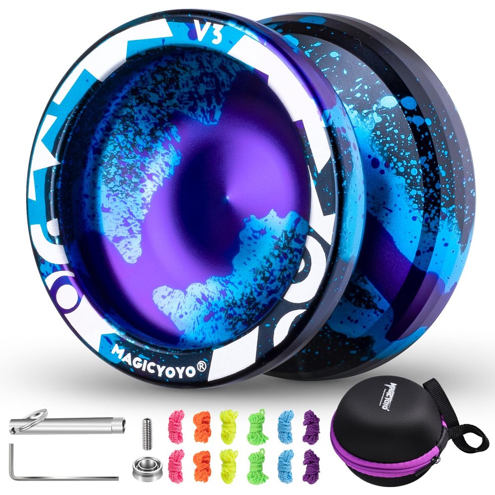 MAGICYOYO Responsive Yoyo V3, Professional Metal Yoyo for Kids Beginner, Aluminum Alloy Yo yo with Unresponsive Bearing + Bearing Removal Tool + Axle + Bag + 12 Yo-yo Strings (Black Blue Purple)