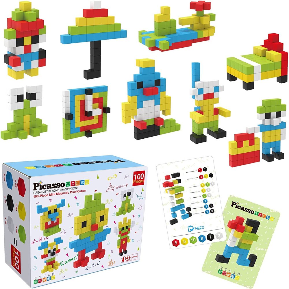 PicassoTiles UFO Robot + 100pcs Mini Magnetic Cube Puzzle, Solar Powered 6-in-1 Creative Unique Transformation Renewable Sun Energy Science Experiment DIY Kit, 0.5 Mix &Match Sensory Construction Toy