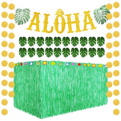 22 Pcs Hawaiian Grass Table Skirt Aloha Party Decoration Including Glittery Aloha Banner Tropical Green Leaves and Luau Table Grass Skirt for Summer Theme Birthday Beach Pool Party Favors(Green)