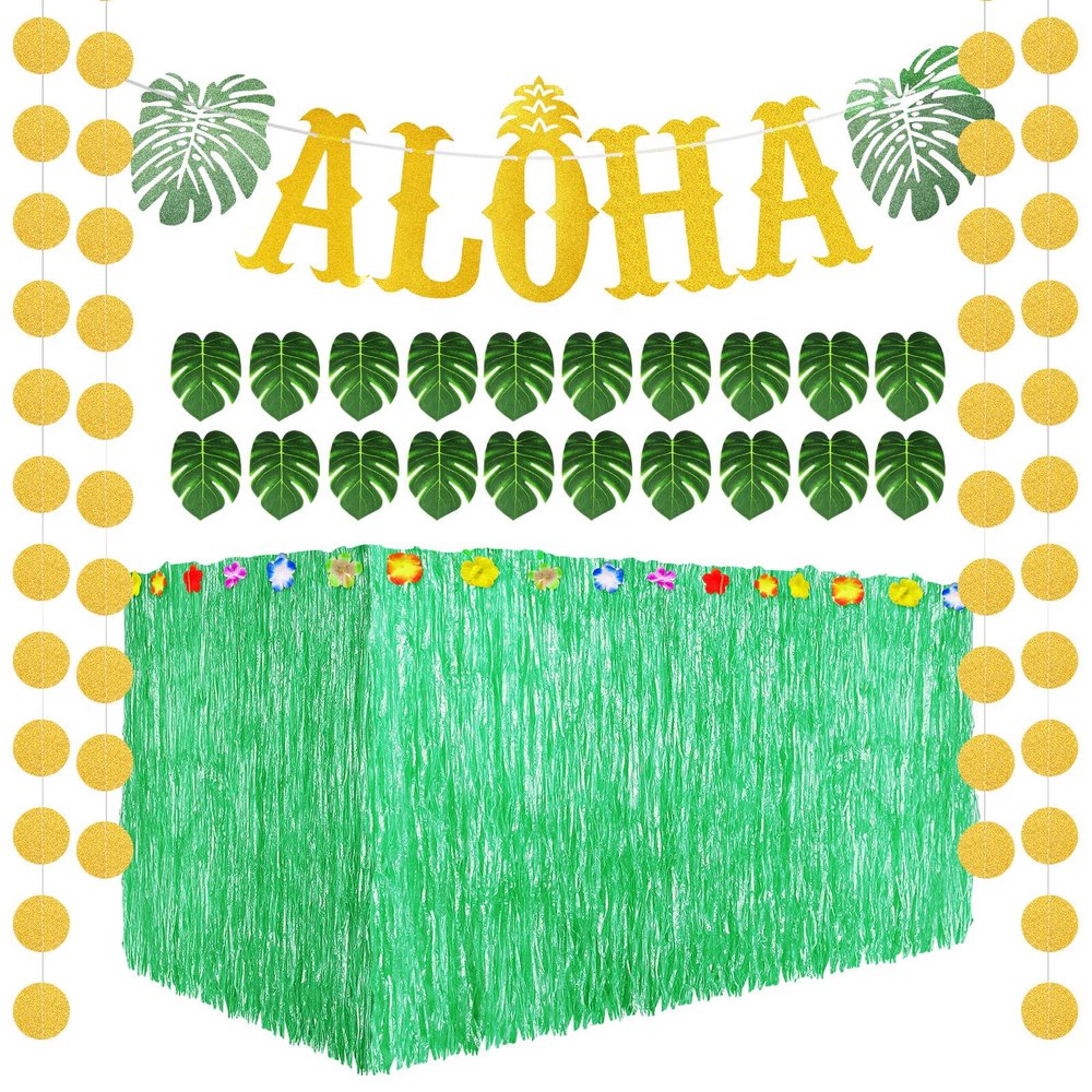 22 Pcs Hawaiian Grass Table Skirt Aloha Party Decoration Including Glittery Aloha Banner Tropical Green Leaves and Luau Table Grass Skirt for Summer Theme Birthday Beach Pool Party Favors(Green)